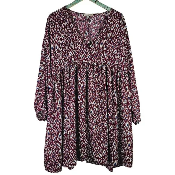 Umgee Plus Wine Mix Animal Print Silky Baby Doll w/ Pockets Long Sleeve Dress 1X - Picture 2 of 8